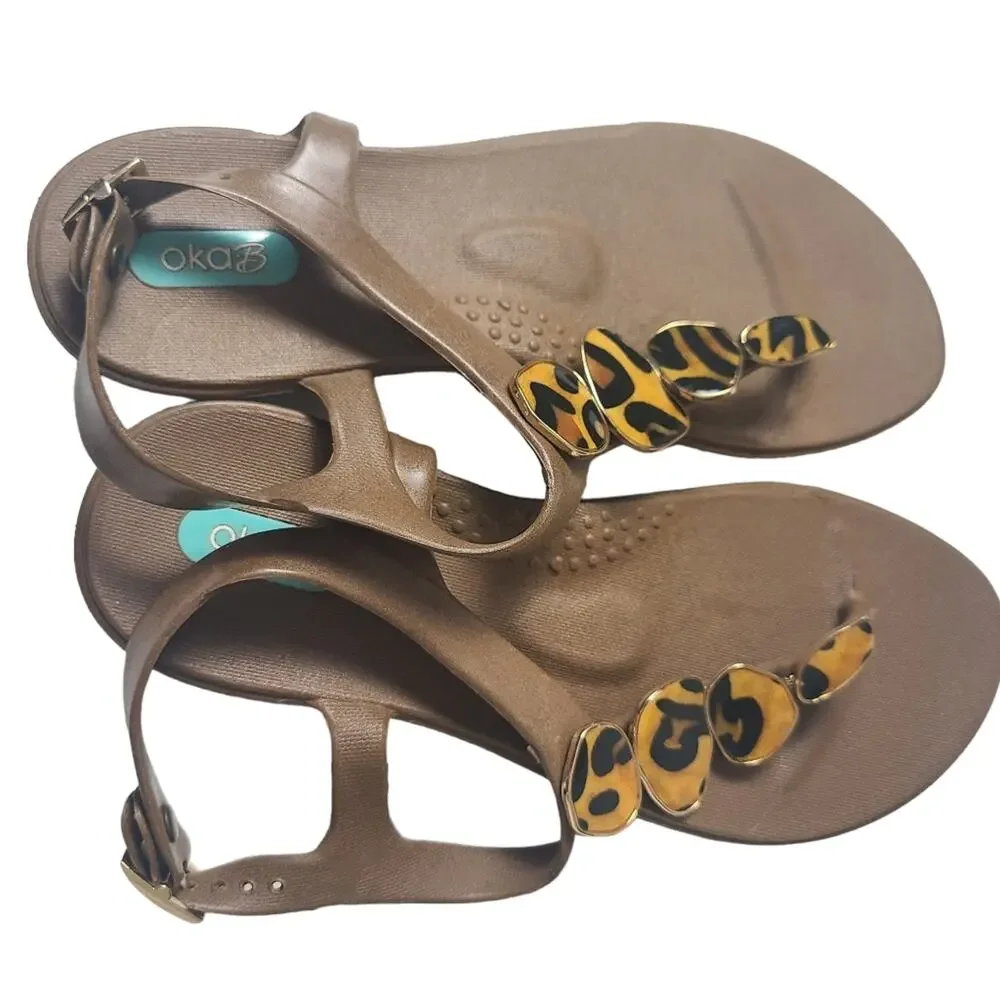 OkaB Leopold Button Sandals Brown Animal Print Ankle Strap Flats Arch Support 6